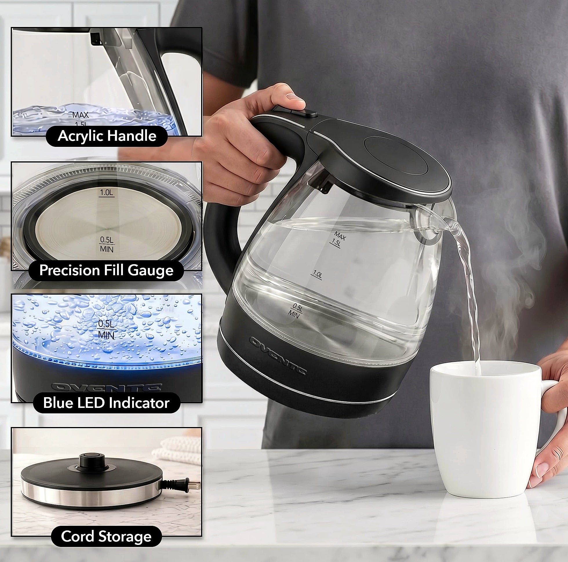 OVENTE KG83B Electric Kettle, 1.5L Borosilicate Glass Water Boiler