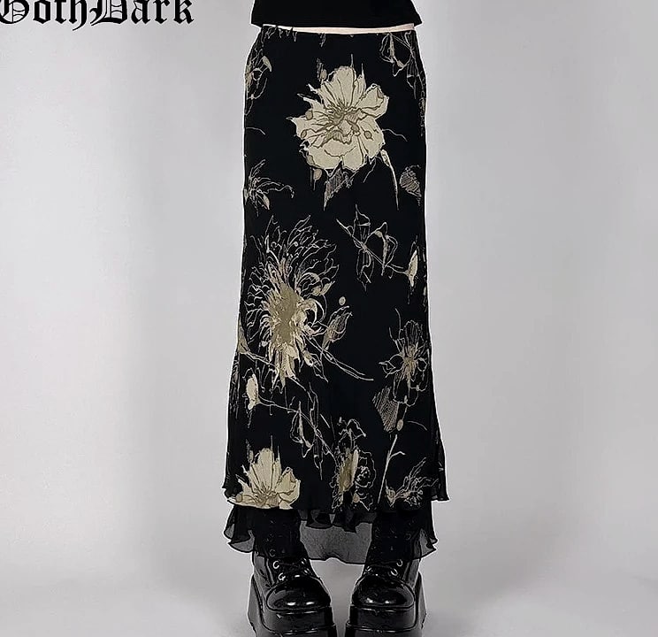 Goth Dark Y2K Double Layer Mesh A-Line Skirt Fairy