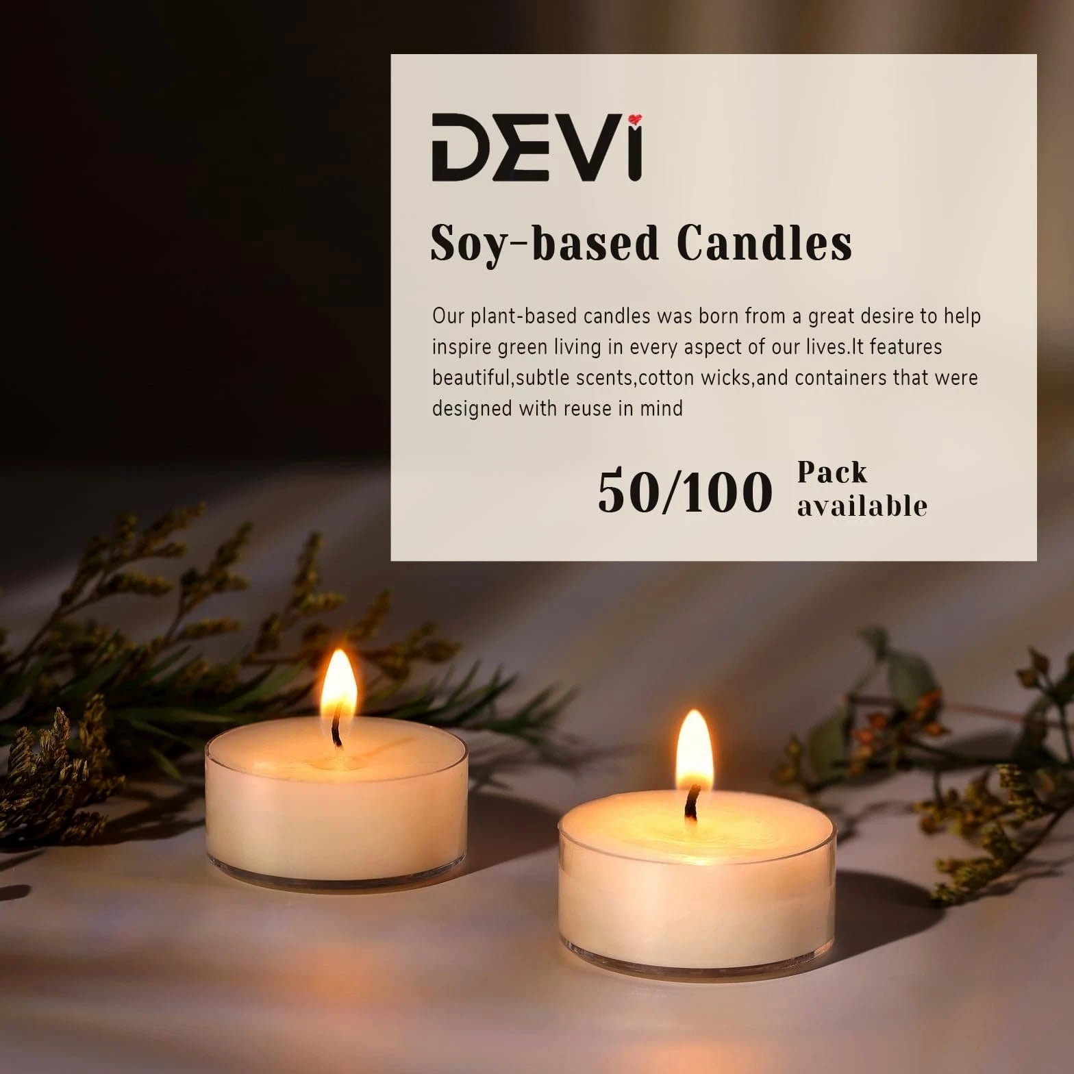 DEVI Soy Tea Lights Candles 50 Pack, Unscented White Tealight - 4 Hours Long Burning