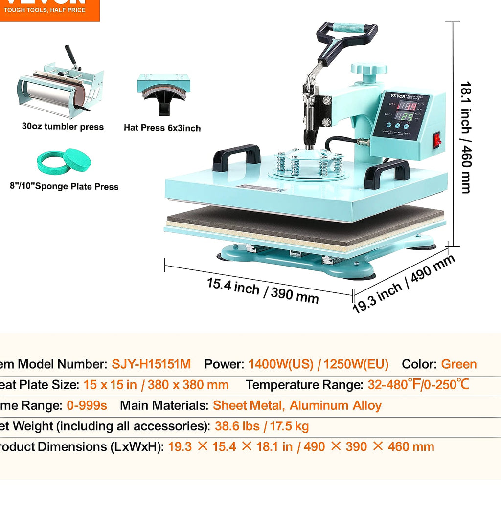 SucceBuy 12 x 15 inch Heat Press Machine with 8 Attachments for Heat Transfer