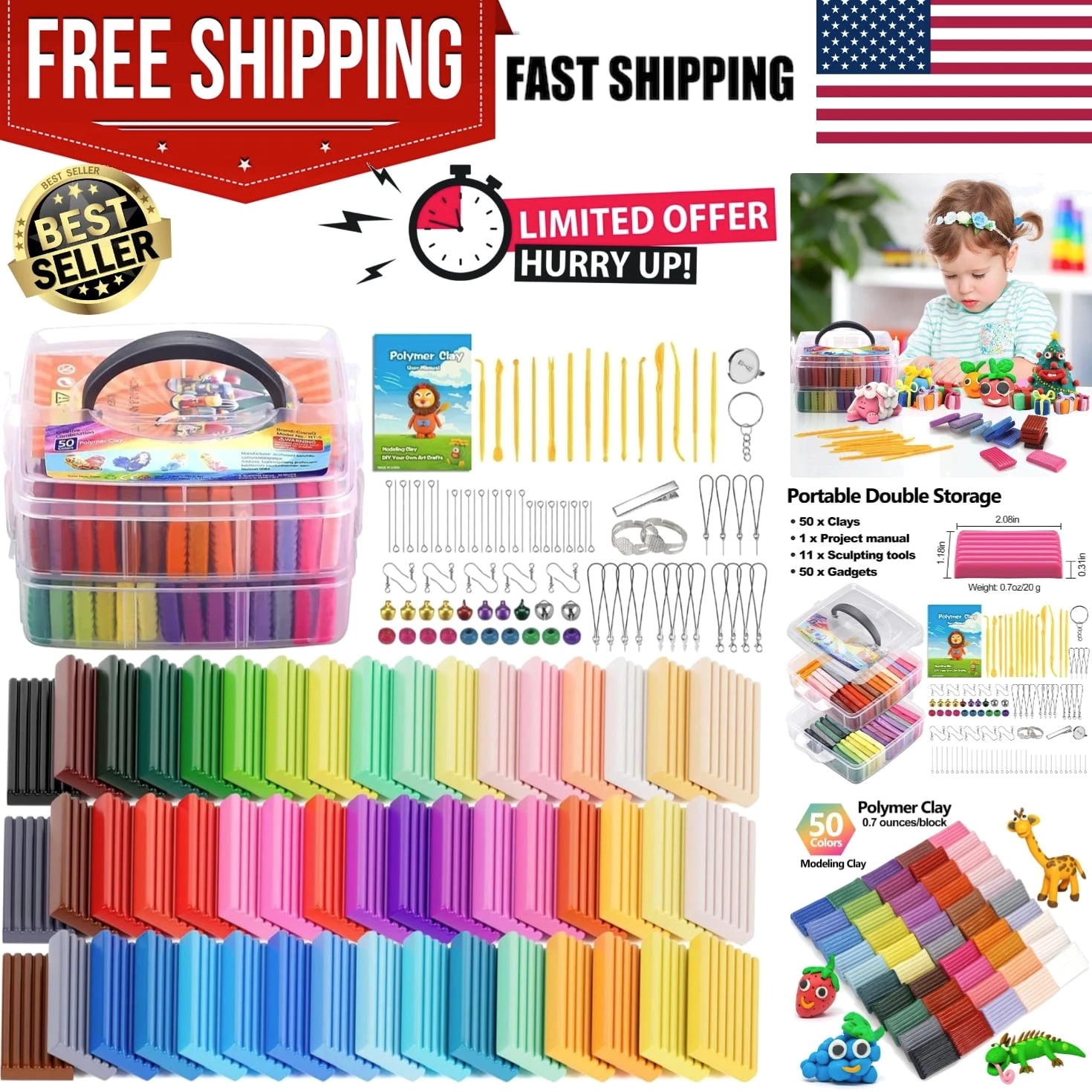 Creative Polymer Clay Starter Set - 50 Colors for Kids Age 4+ - Fun & Engaging