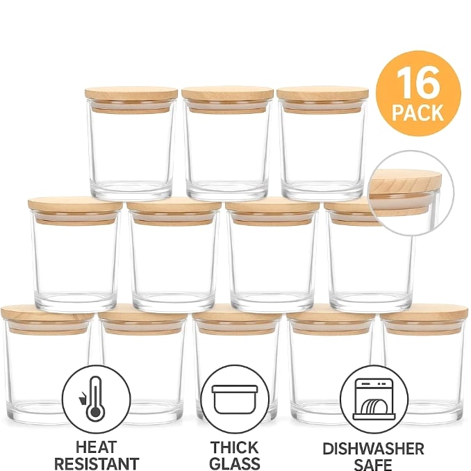 Candle Jars with Lids 7oz - 16 Piece Clear Glass Containers for Candle Making