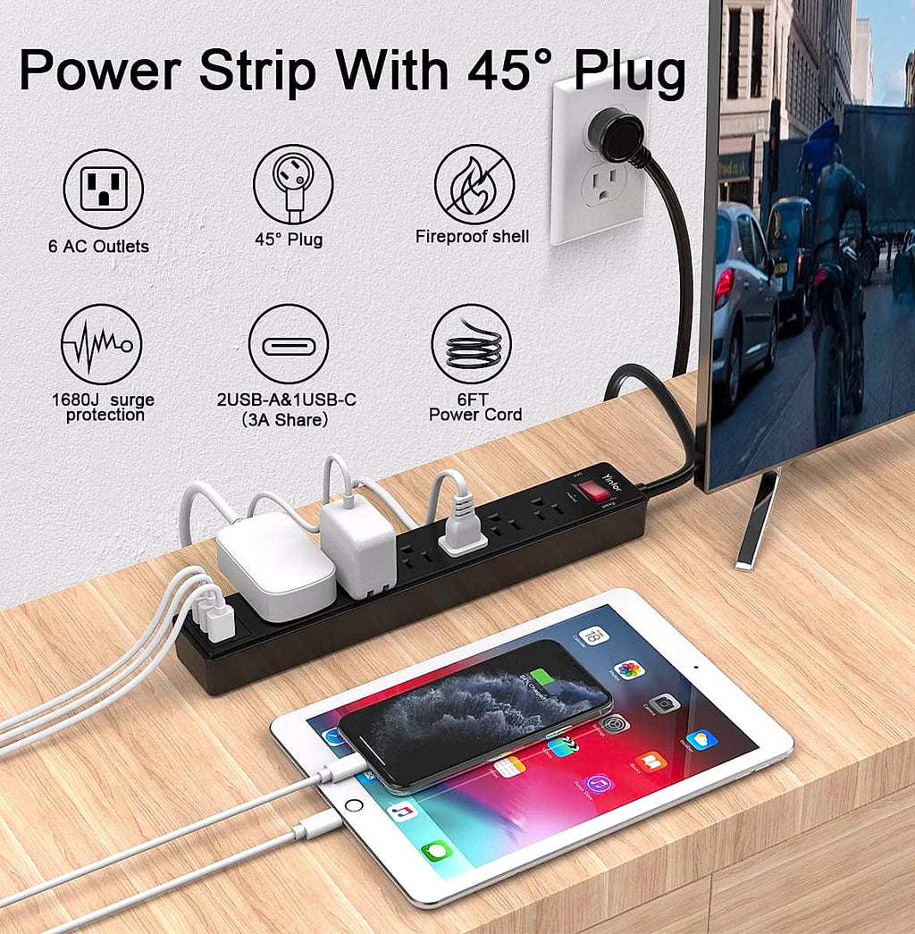 Yintar 6-Foot Power Strip with 6 Outlets and 3 USB Ports