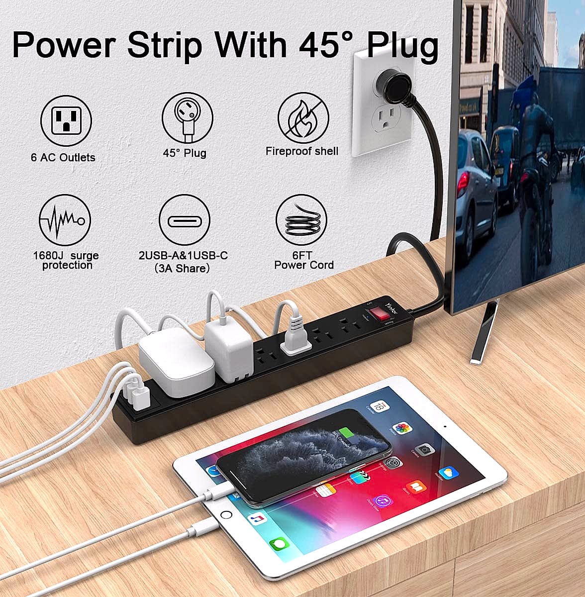 Yintar 6-Foot Power Strip with 6 Outlets and 3 USB Ports