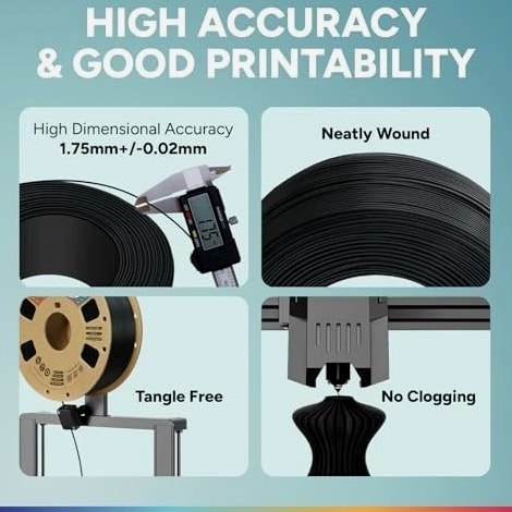 1.75mm 3D Printer Filament Refill 1kg, Black FDM Filament for Most Printers, Acc