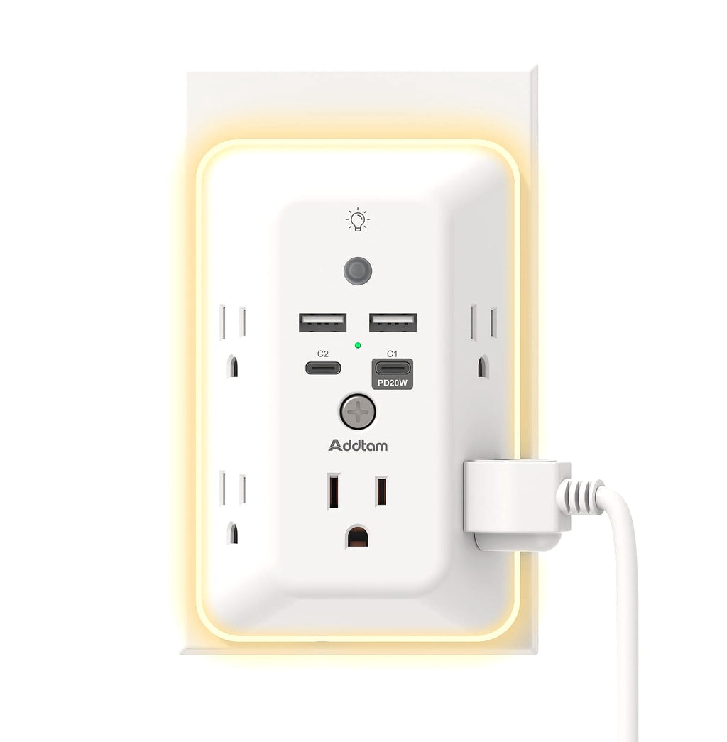 Addtam 5-Outlet Surge Protector with 4 USB Ports and Night Light