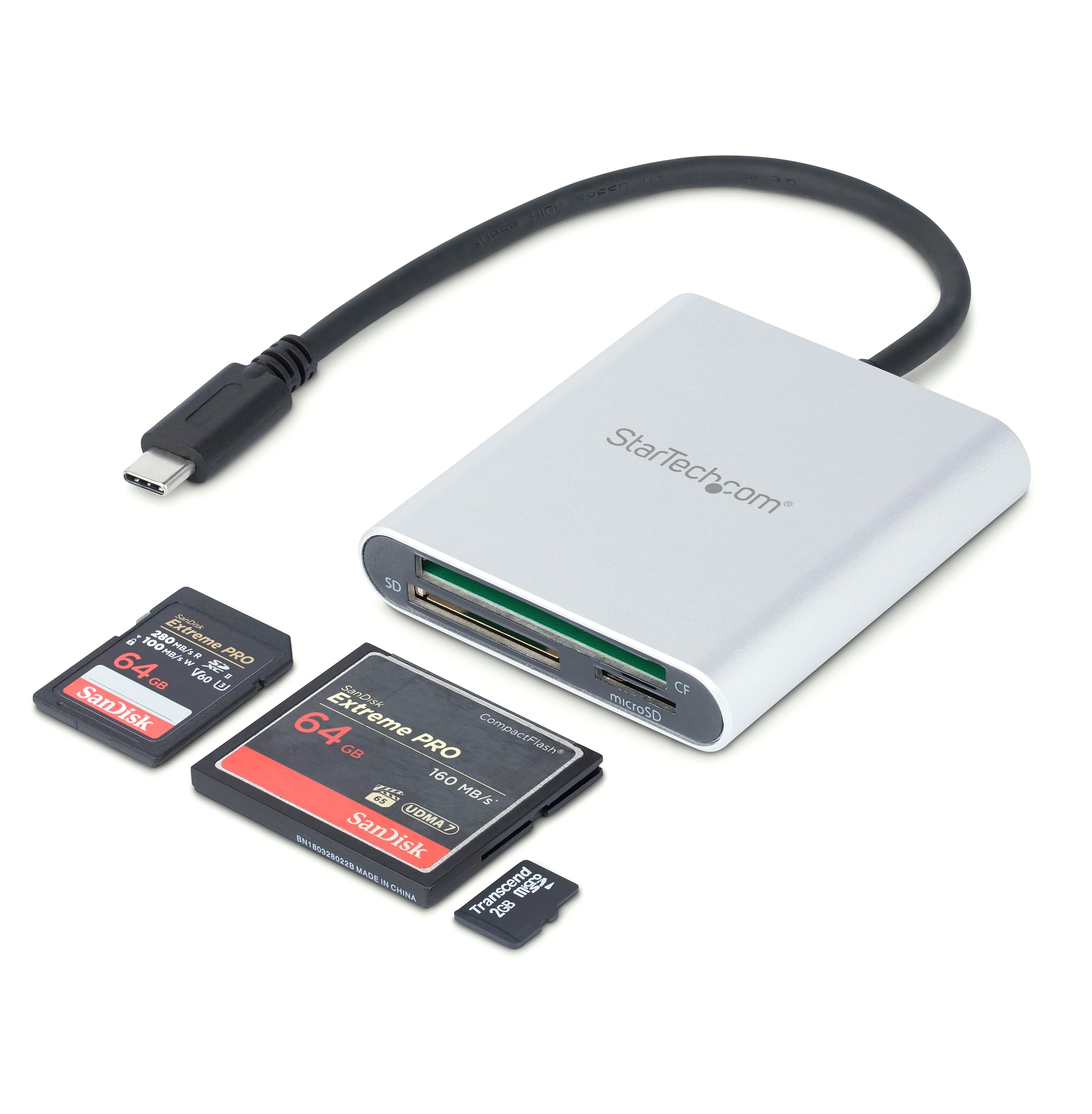 StarTech.com USB 3.0 Flash Memory Multi-Card Reader/Writer with USB-C - SD microSD and CompactFlash Card Reader w/ Integrated USB-C Cable (FCREADU3C)