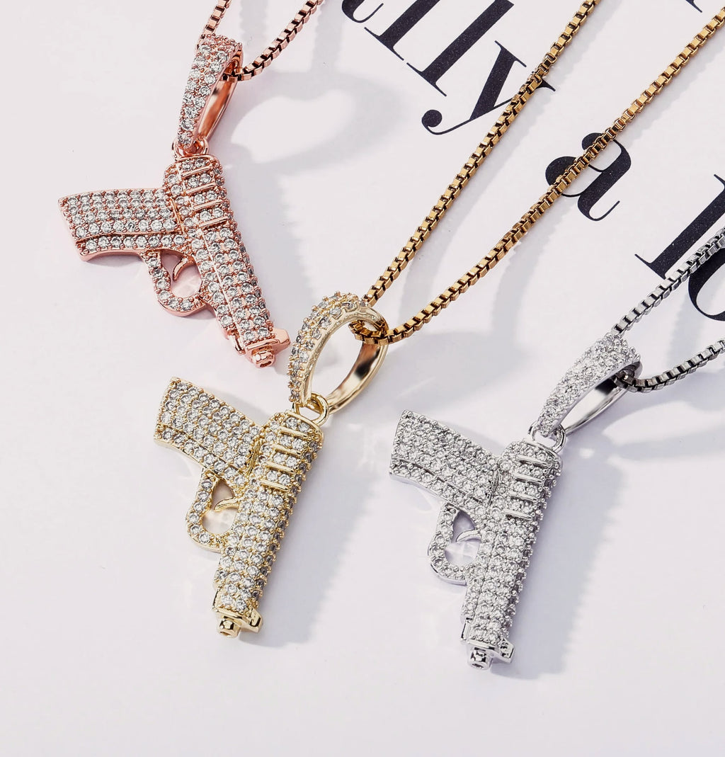 TOPGRILLZ 925 Sterling Silver Pistol Pendant Necklace