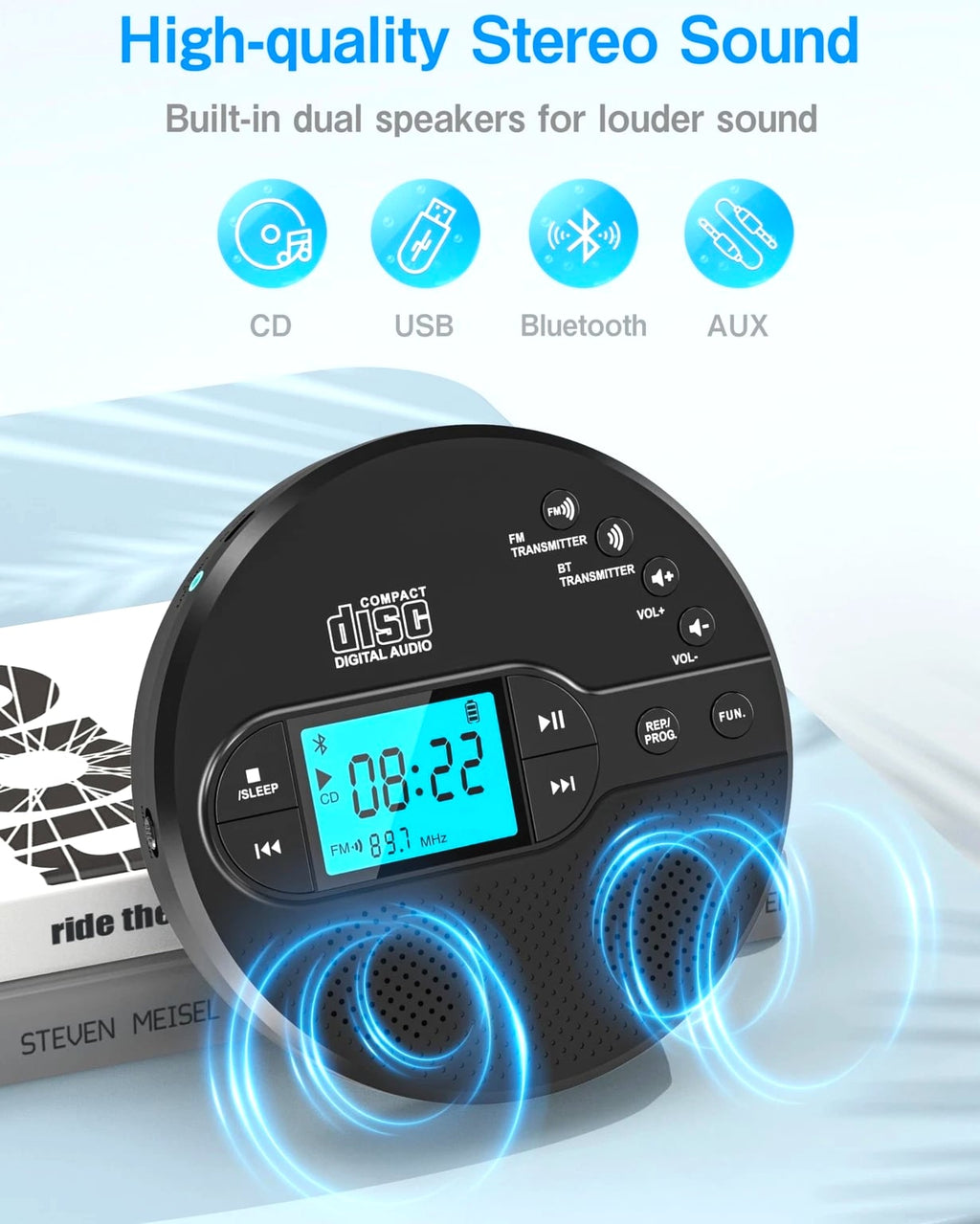 Portable CD Player with Bluetooth, Walkman CD Player with FM Transmitter and Spe