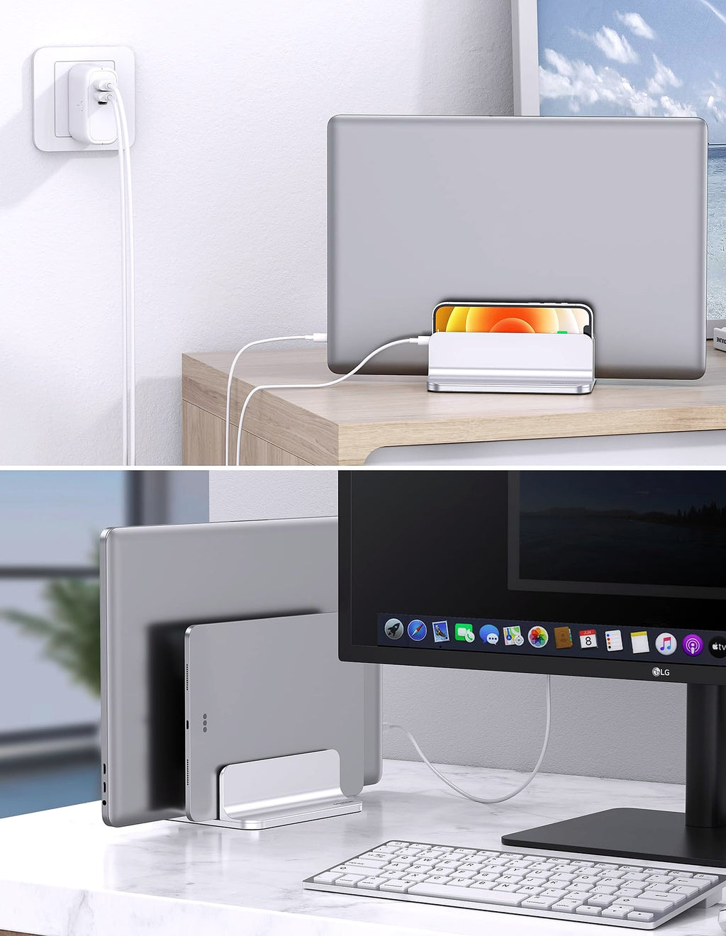 OMOTON Vertical Laptop Stand Double Dock Aluminum Silver