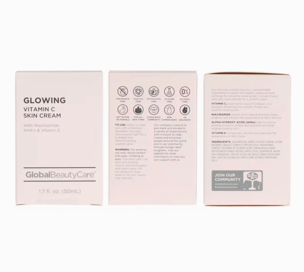 Global Beauty Care Glowing Skincare Collection: Vitamin C Skin Cream, Facial Cleanser & Eye Cream