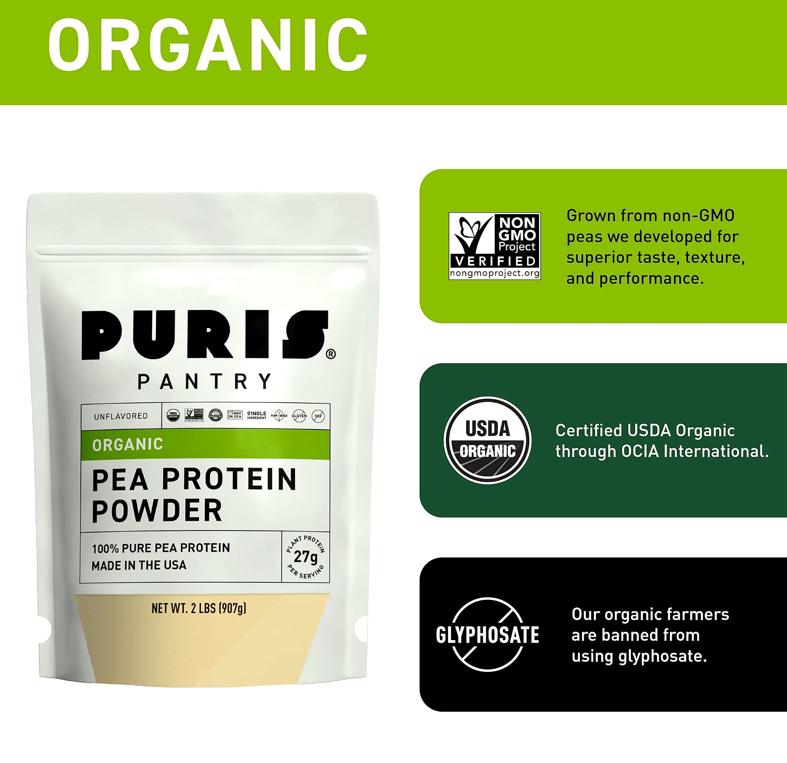 PURIS Organic Pea Protein Powder, 27g Plant Protein Vegan