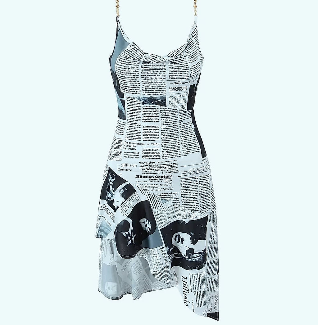 Yenkye Newspaper Print Sling Dress with Backless Chain Straps