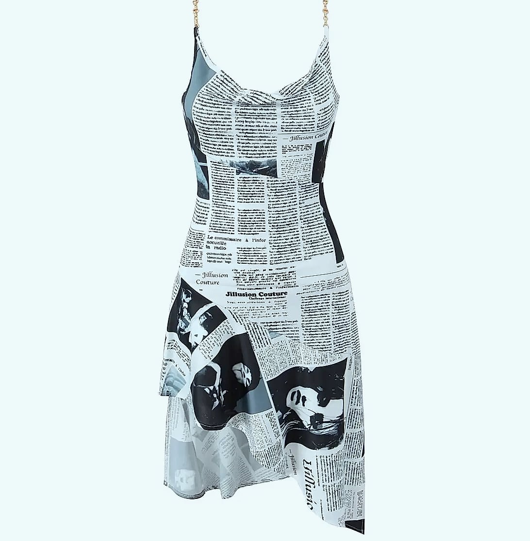 Yenkye Newspaper Print Sling Dress with Backless Chain Straps