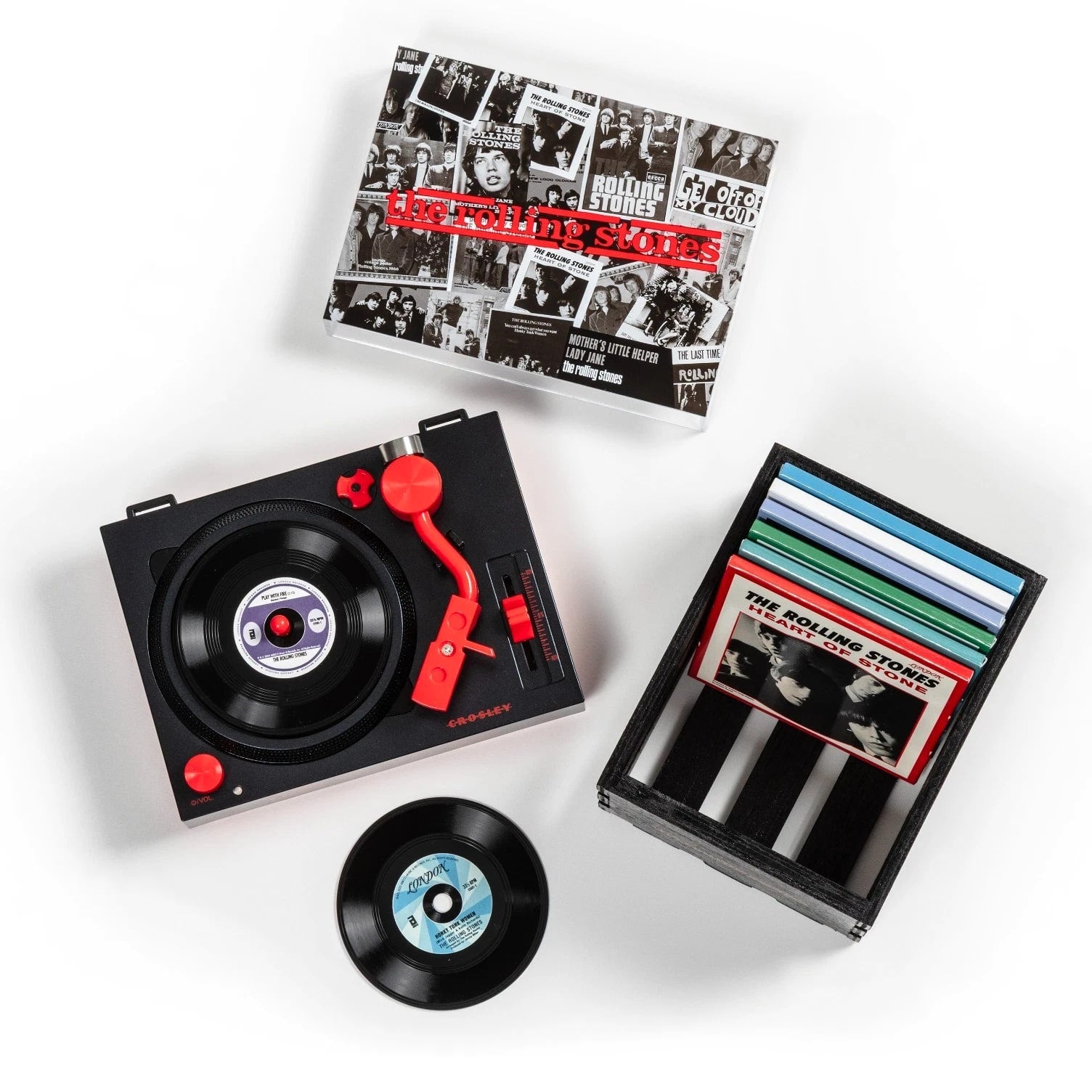 Crosley Rolling Stones RSD3 Turntable with Crate and Six 3-Inch Singles