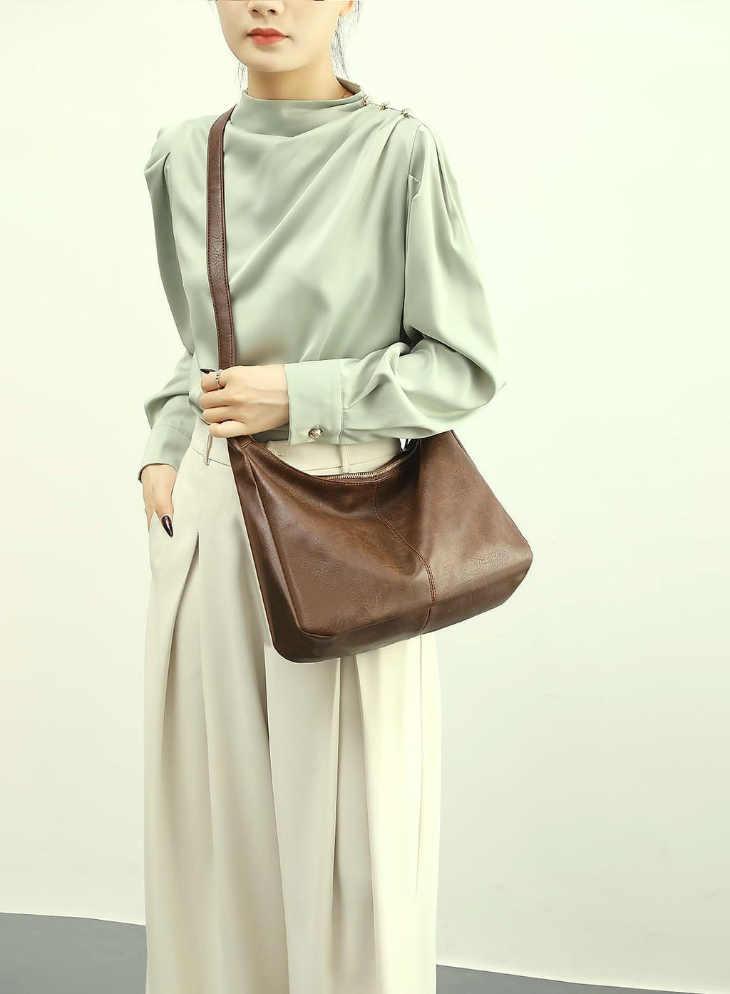 NIUEIMEE ZHOU Hobo Bag Foldable Vegan Leather Shoulder Handbag