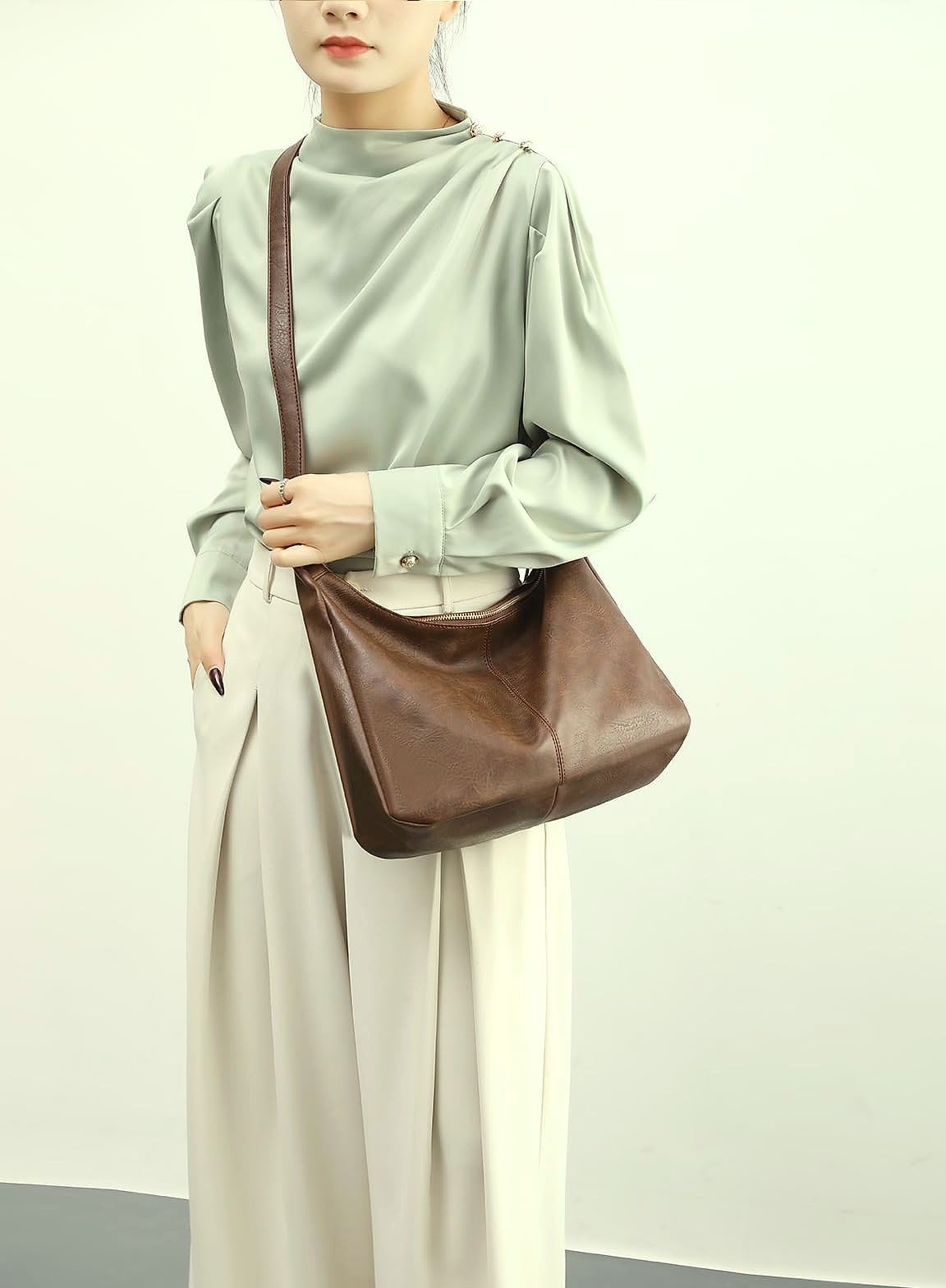 NIUEIMEE ZHOU Hobo Bag Foldable Vegan Leather Shoulder Handbag