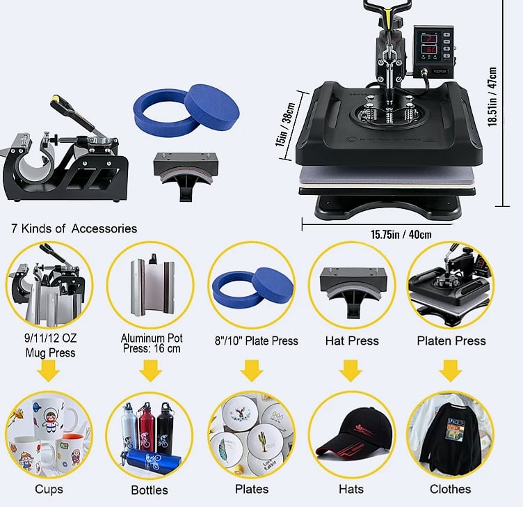 SucceBuy 12x15" Heat Press 5-in-1 Combo Machine with Dual Heating