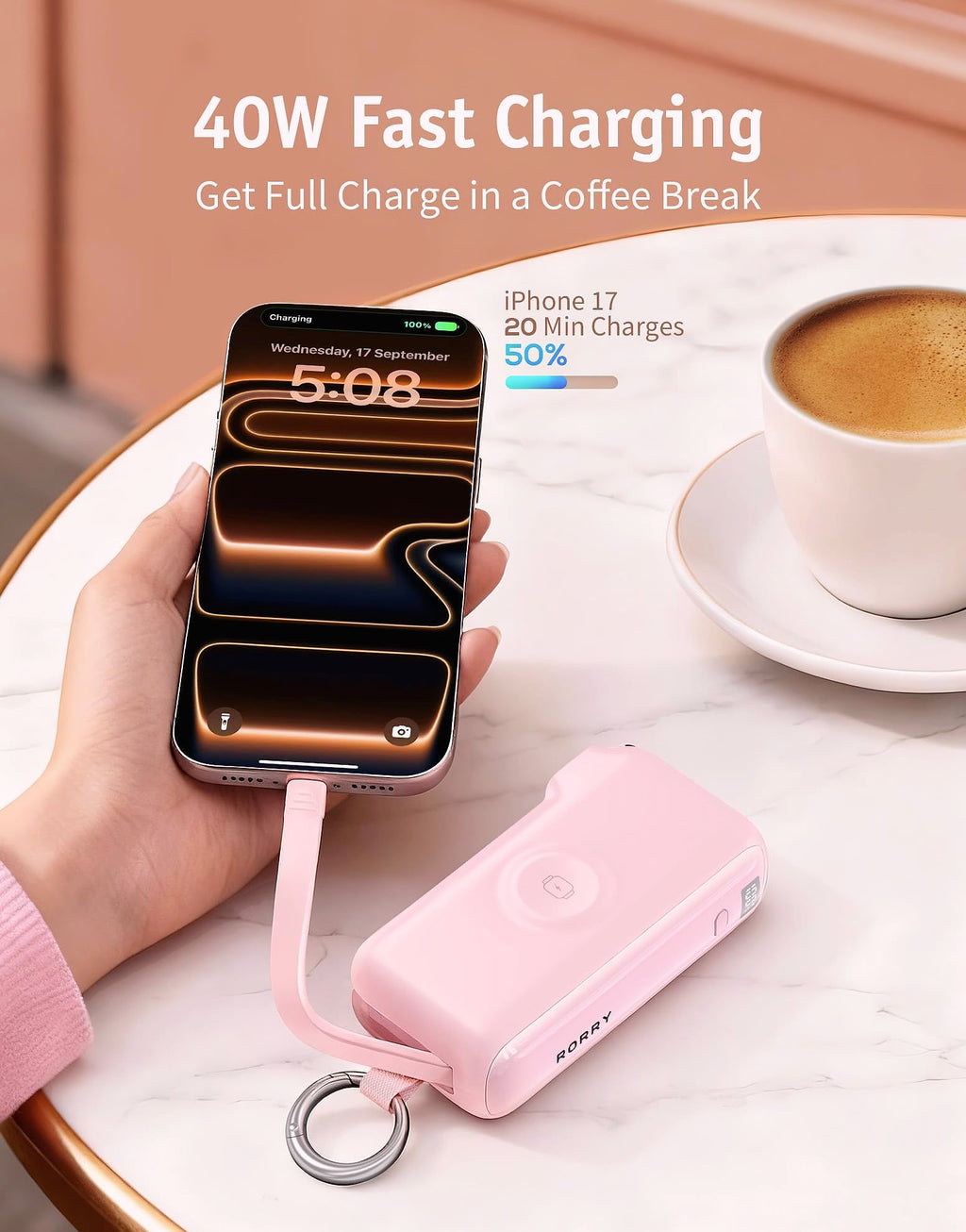 RORRY Flow 10000mAh 40W Portable Charger with Built-in USB-C Cable