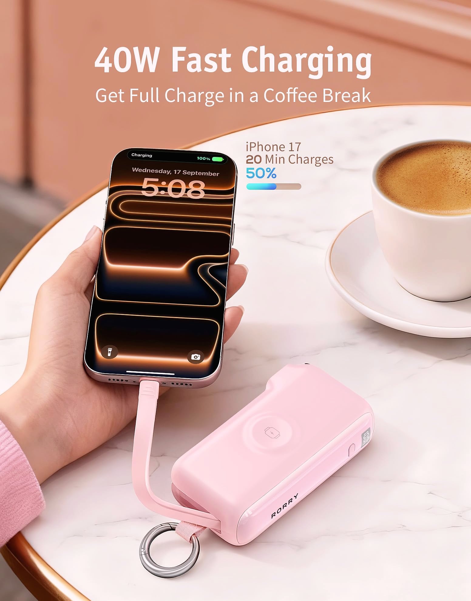 RORRY Flow 10000mAh 40W Portable Charger with Built-in USB-C Cable