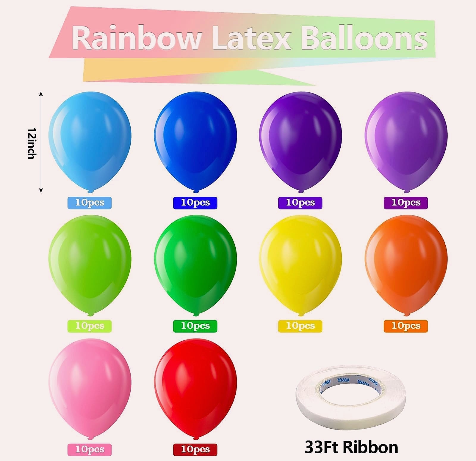 Bezente 12 Inch Rainbow Latex Balloons, 100 Pack Party Decorations