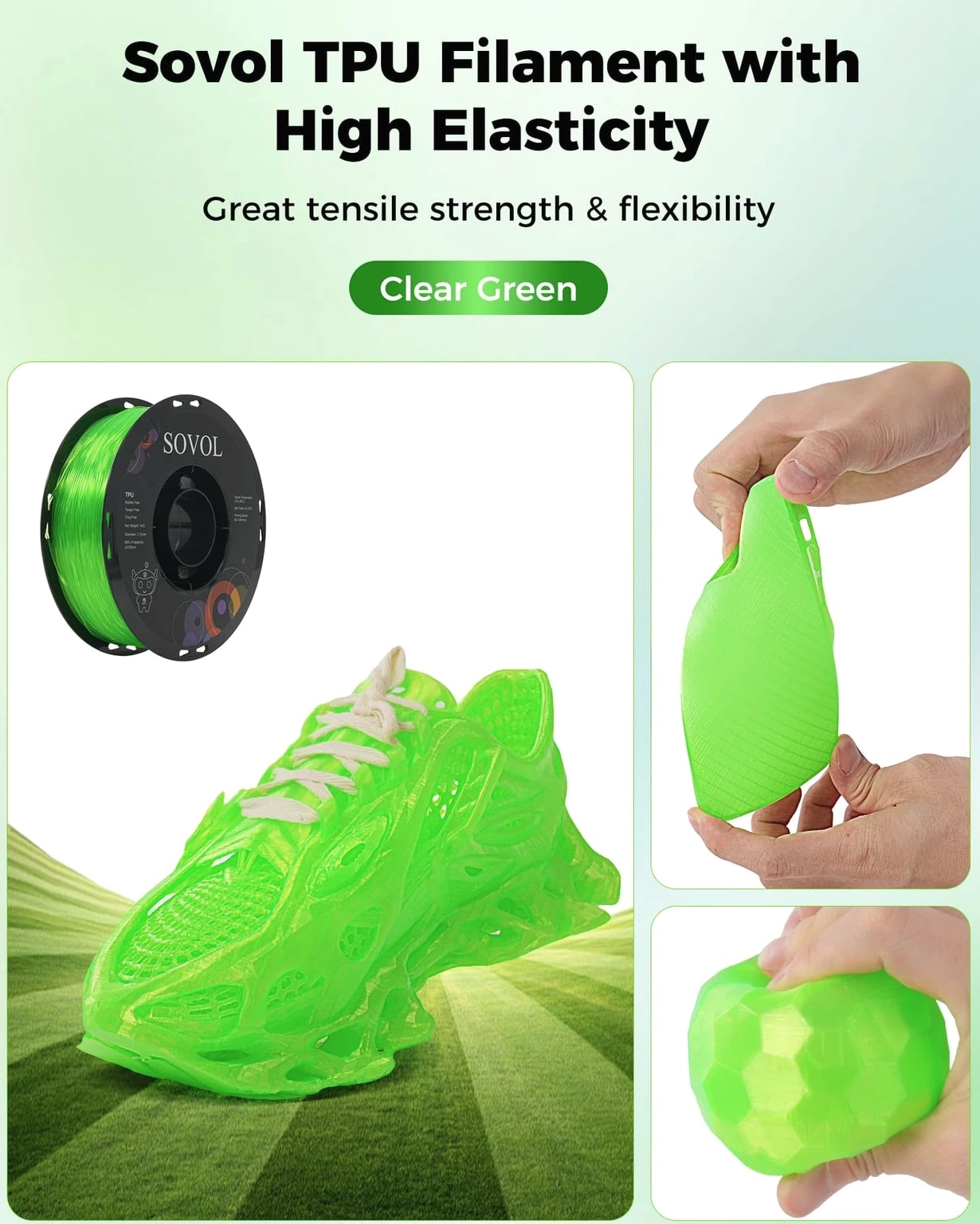 Sovol TPU Filament 1.75mm 95A Soft Flexible 3D Printer - 1 KG Clear Green