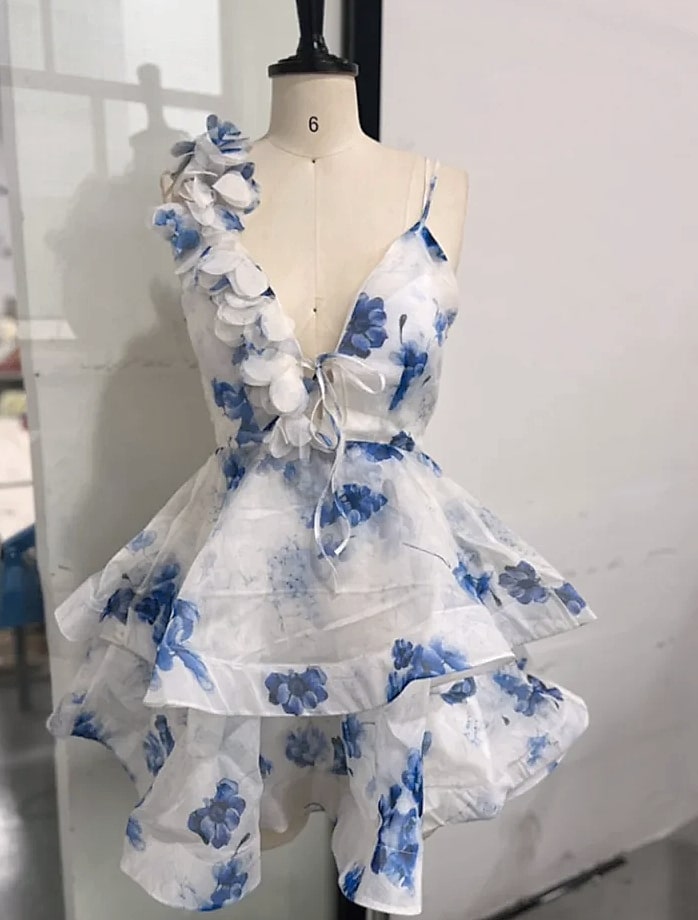 Chic Floral Printed Mini Dress Backless Sleeveless Hem Stacking Dresses Sweet A Line Vestidos 2025 New Lady Party Club Clothing