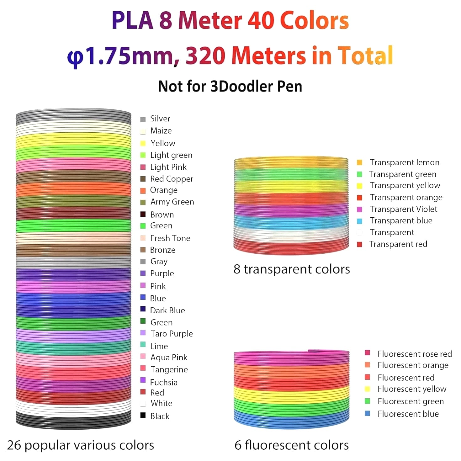 40 Colors 3D Pen Filament Refills 1.75mm PLA, Kid-Safe