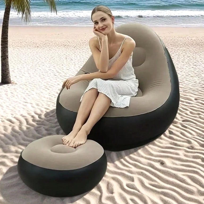 Plush Adult Inflatable Lounge Chair with Ottoman - Portable Cozy Air Sofa