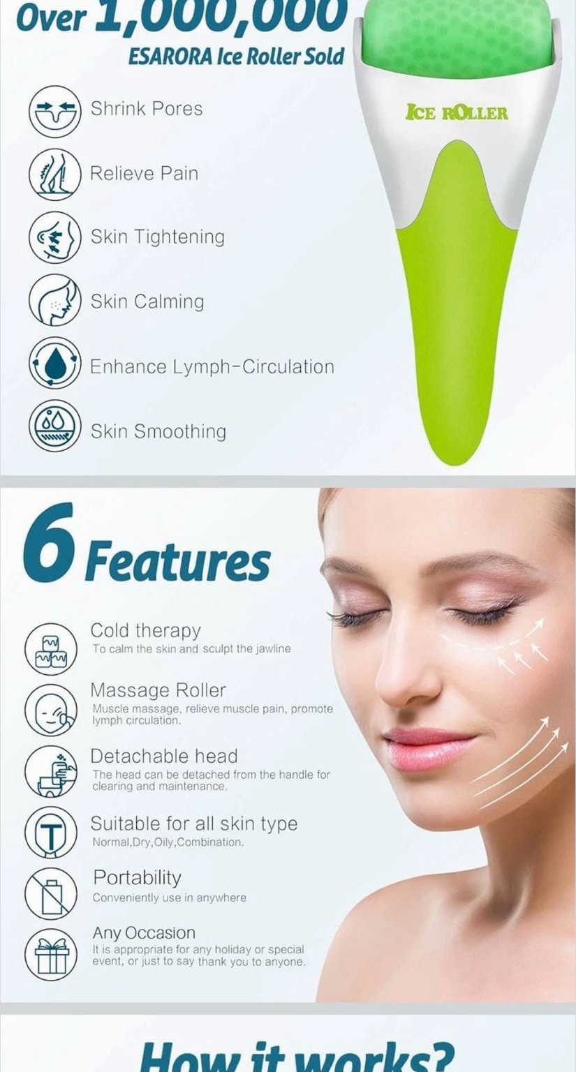 Ice Roller Prevent Wrinkles, Puffiness, Face & Eye, Migraine Pain Relief, Dry Skin