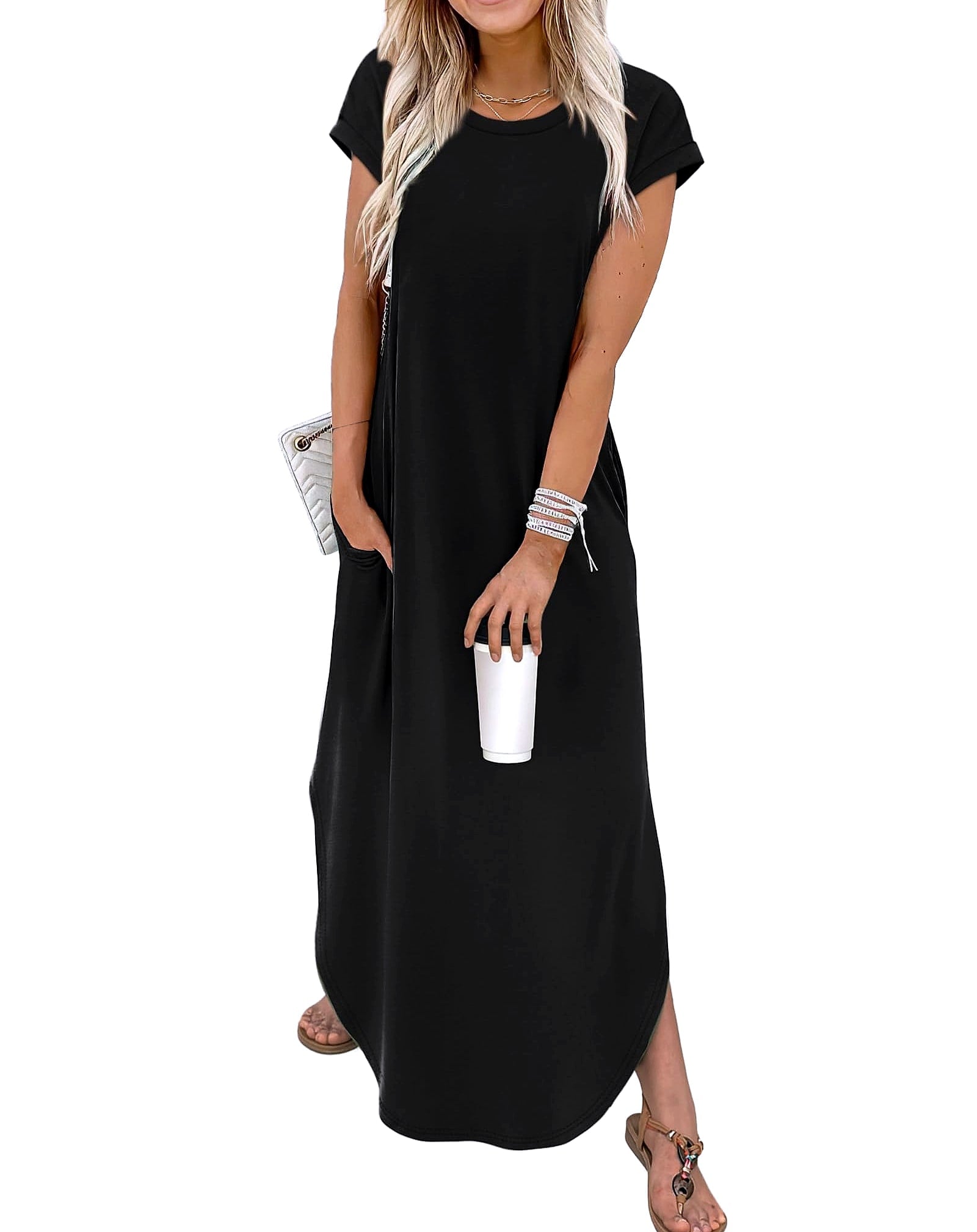 WIHOLL Summer Maxi Dress Cap Sleeve Crewneck with Pockets