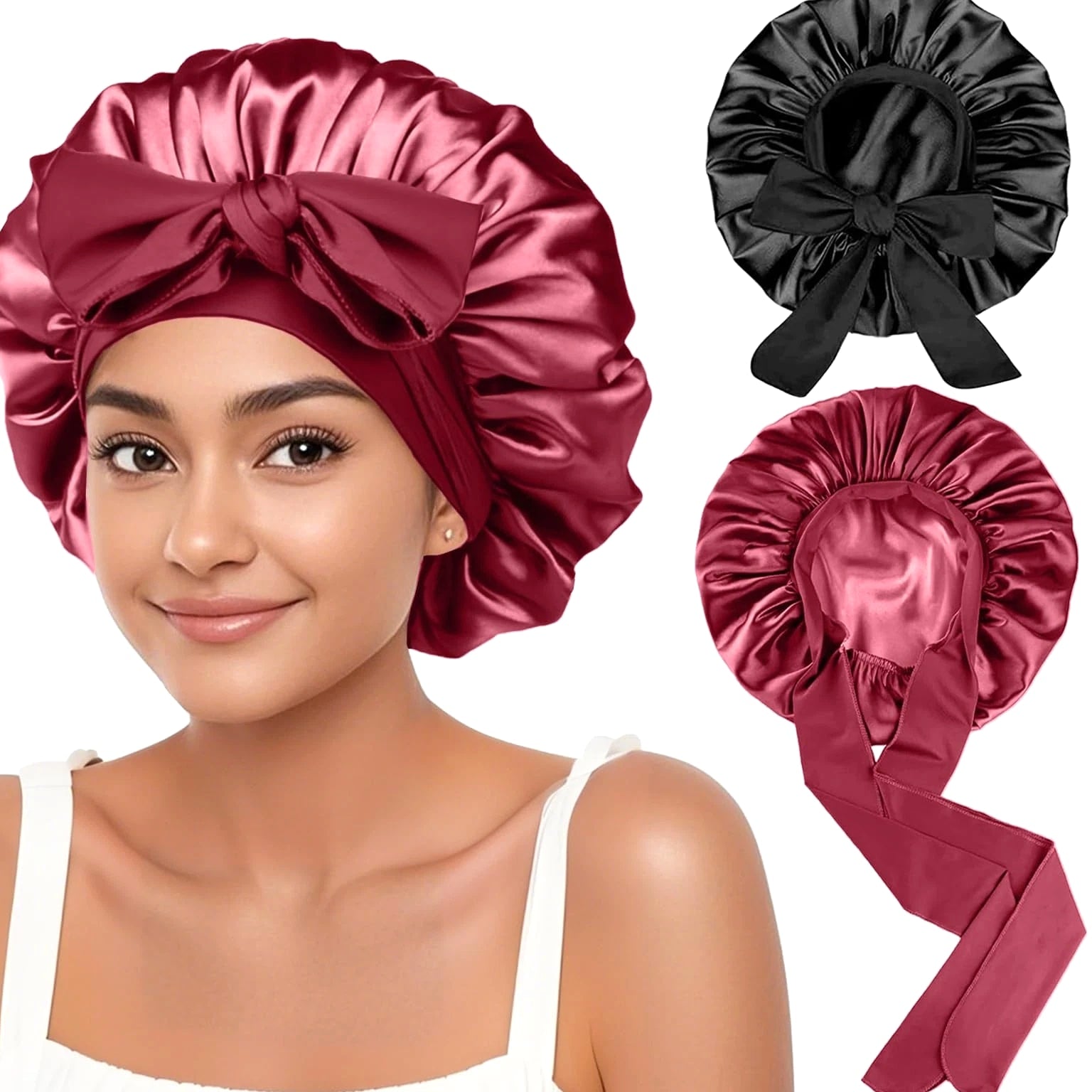 2 Pcs Silk Hair Satin Bonnet for Sleeping Women, Large Satin Sleep Bonnets