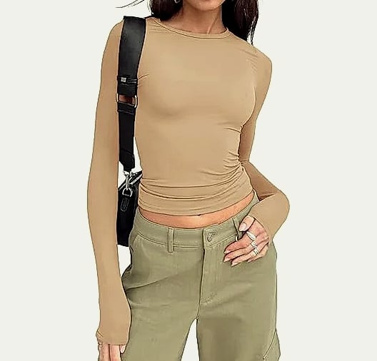 Women's Long Sleeve Crew Neck T-Shirt Slim Fit Solid Tee