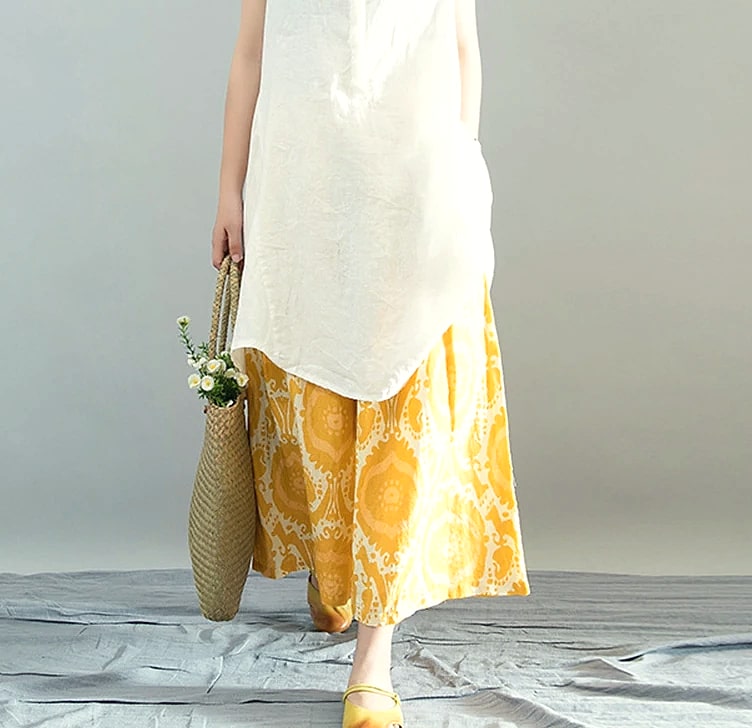 Yellow Linen Blend Wide-leg Casual Pants with Elastic Waist