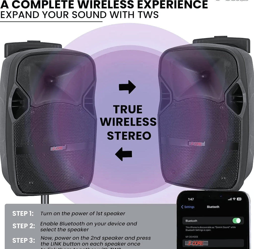 5 Core 400W DJ PA Speaker System with 2 Wireless Mics