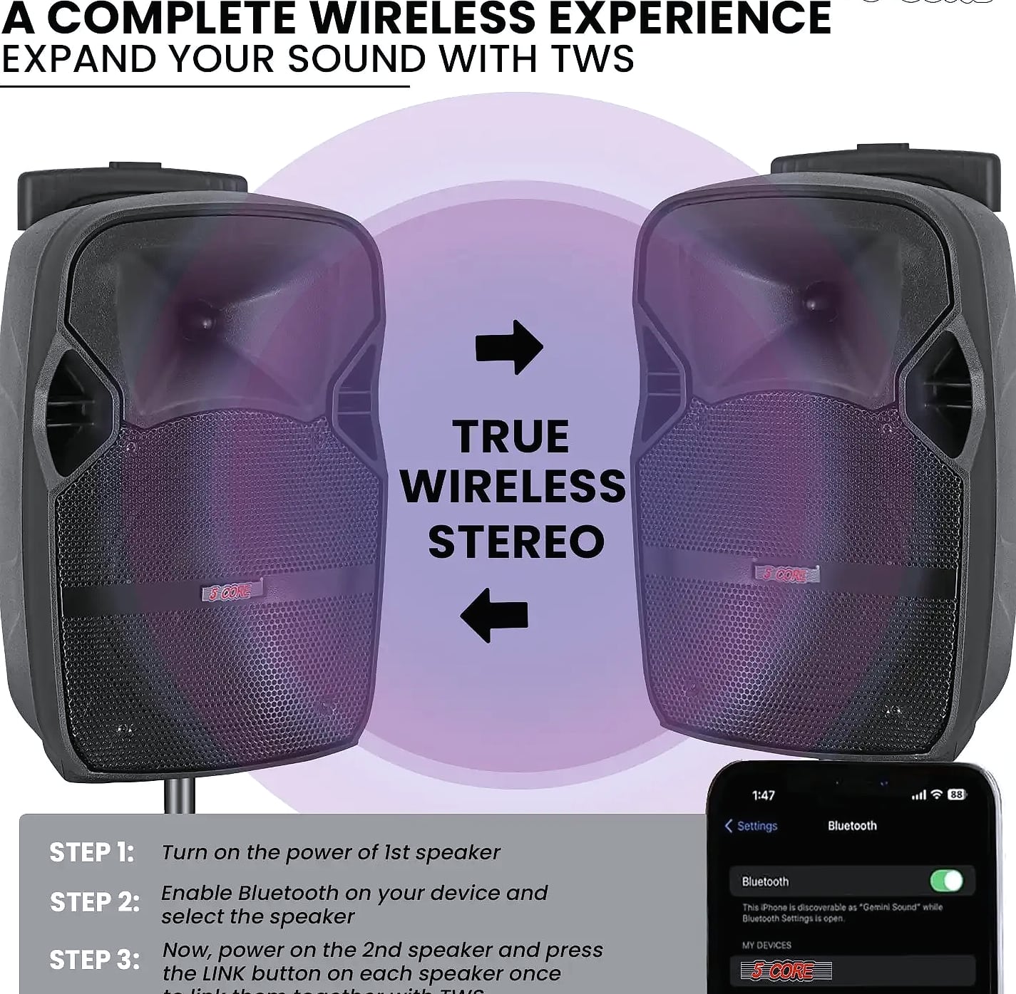 5 Core 400W DJ PA Speaker System with 2 Wireless Mics