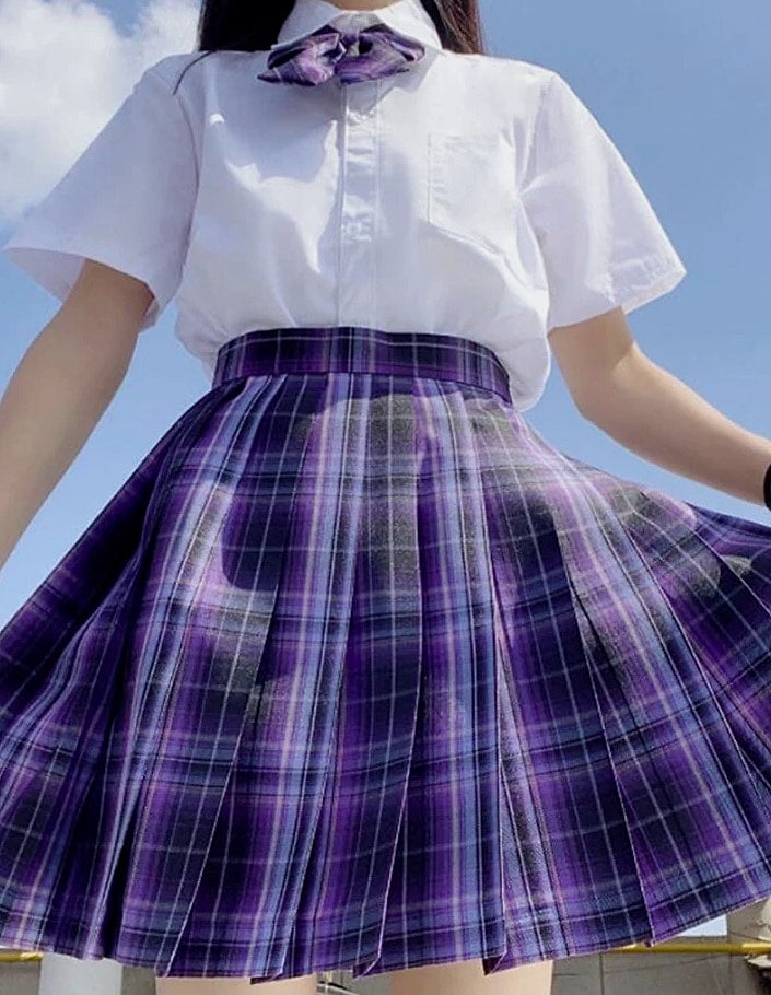 ZOKI Plaid Pleated Mini Skirt High Waist Bow Knot