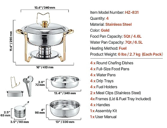 SucceBuy 4-Pack Chafing Dish Buffet Set Stainless Steel