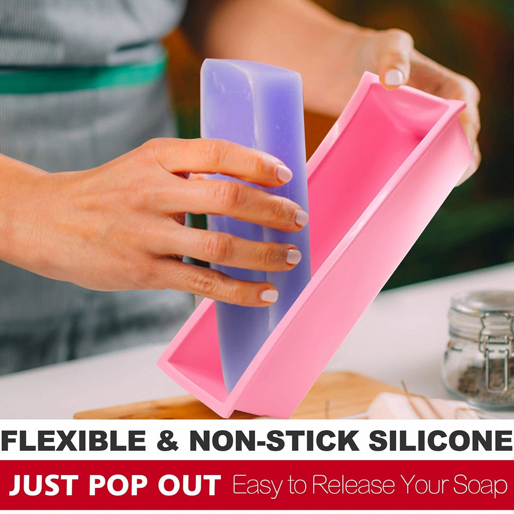 Soap Making Kit - Rectangular Silicone Mold 42oz, Wavy Cutter, Wood Box, Silver