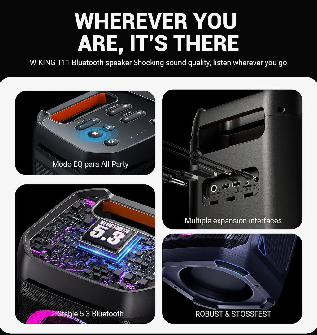 W-King T11 100W RMS Bluetooth Speaker, IPX6 Waterproof Party Boombox