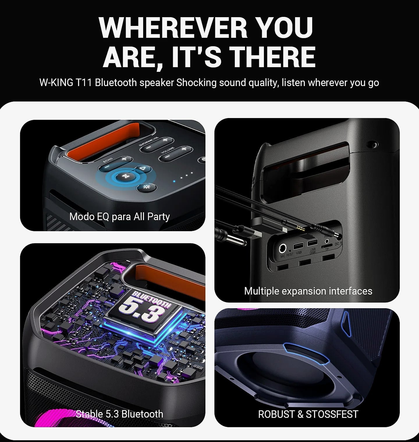 W-King T11 100W RMS Bluetooth Speaker, IPX6 Waterproof Party Boombox