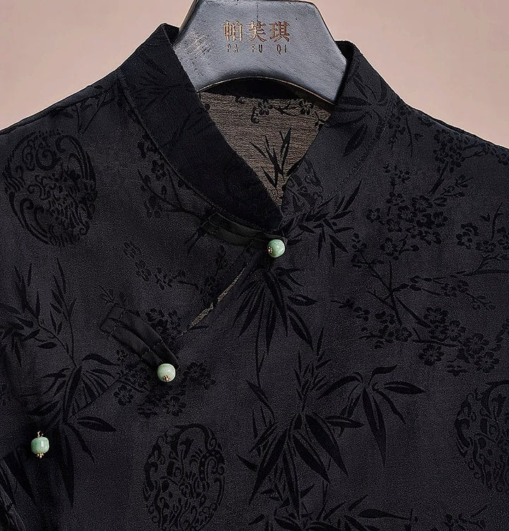 Retro Cheongsam Short Sleeve Top Black Jacquard Women's Shirt