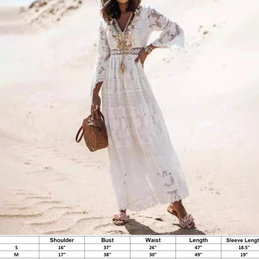 Women's Boho Maxi Lace V Neck Flare Sleeve Dress Summer Party Beach Sundress