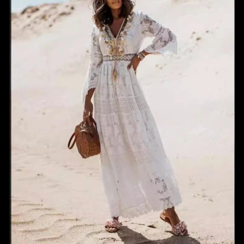 Women's Boho Maxi Lace V Neck Flare Sleeve Dress Summer Party Beach Sundress
