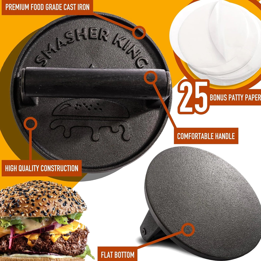 ™ - Premium Cast Iron Smash Burger Press incl. 25 pcs of Patty Paper, Burger ...