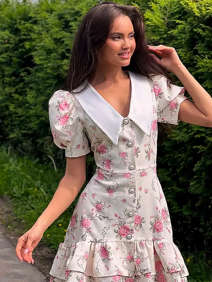 btuce Floral Printed A-line Dress with Puff Sleeves