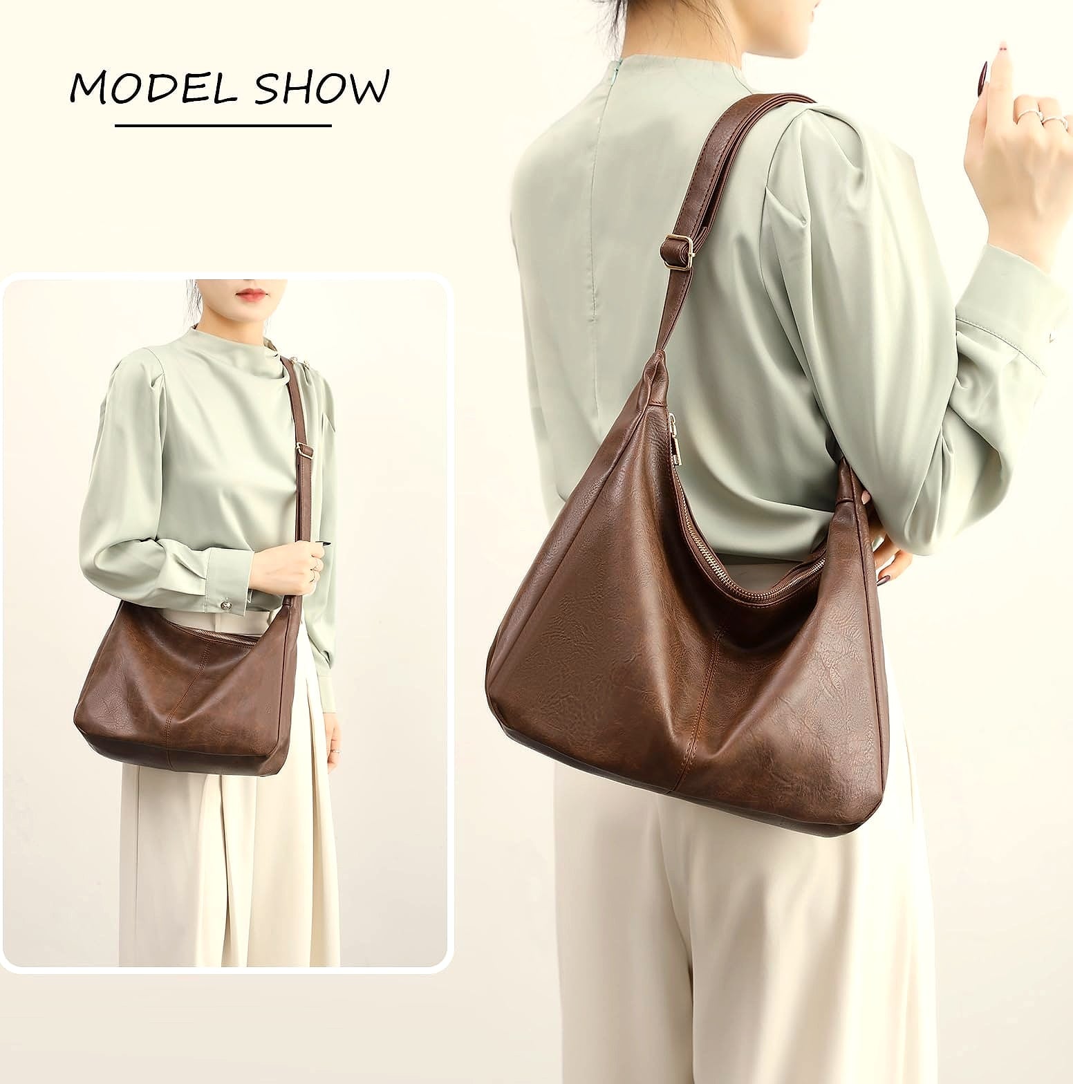 NIUEIMEE ZHOU Hobo Bag Foldable Vegan Leather Shoulder Handbag