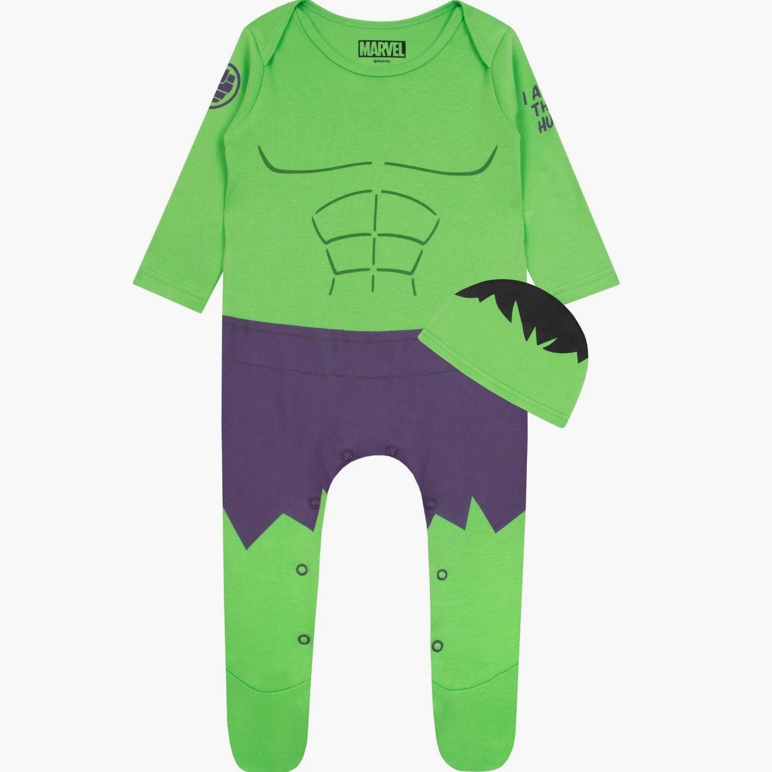 Marvel Baby Sleepsuit And Hat | The Incredible Hulk Baby Pyjamas | Baby PJs