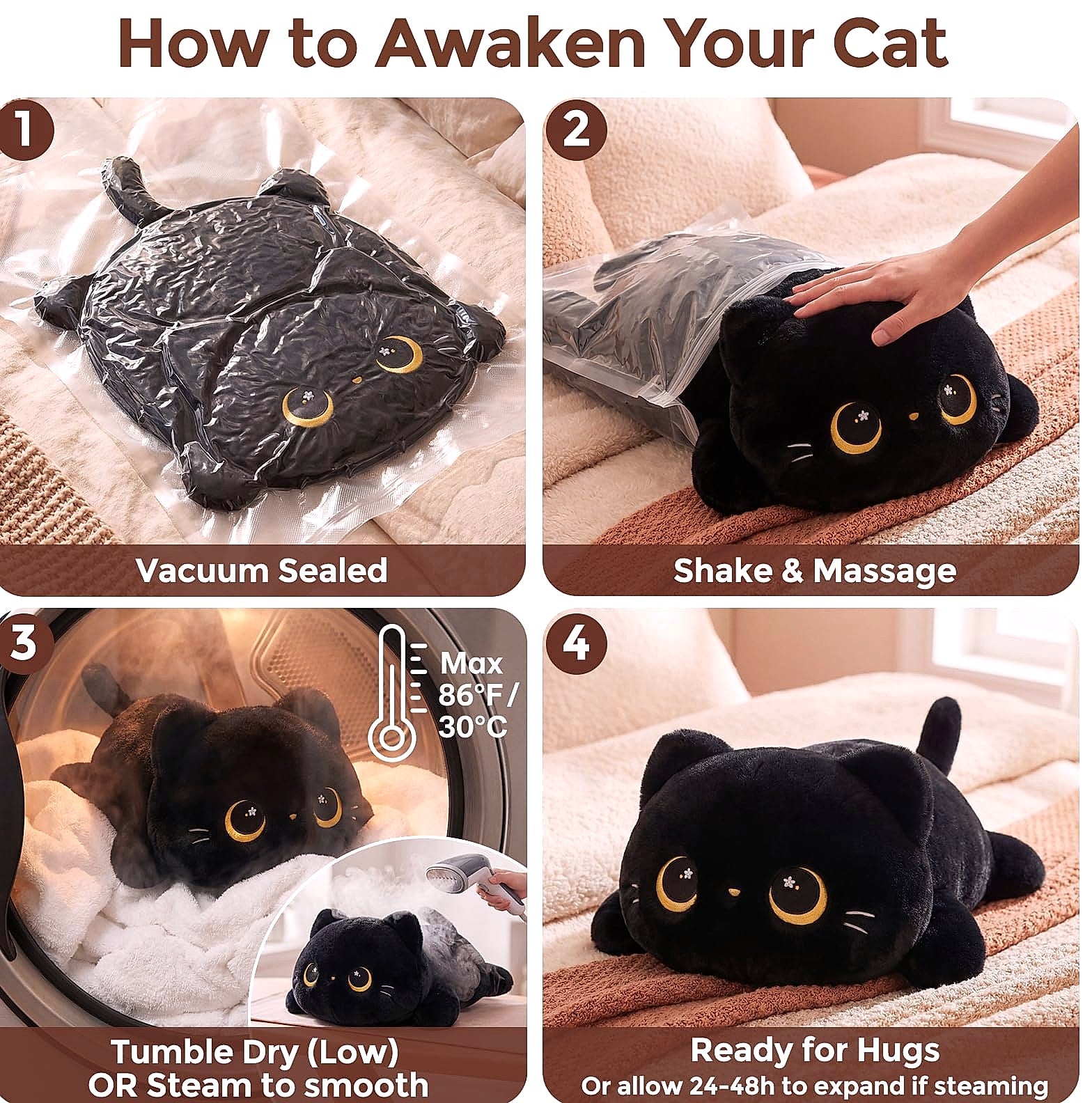 Mewaii 13 Inch Black Cat Plush Pillow Soft Stuffed Animal
