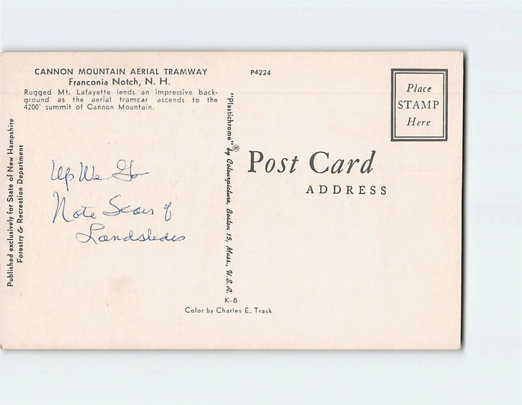 Postcard Cannon Mountain Aerial Tramway Franconia Notch New Hampshire Lafayette